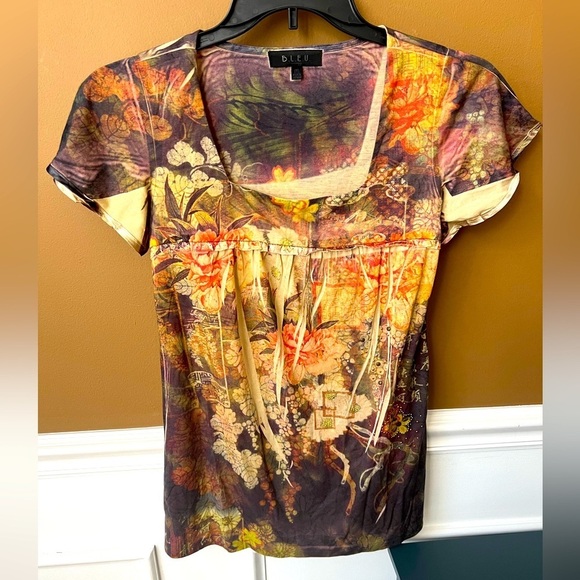 B.L.E.U. Women's Multicolor Floral Top Rhinestone Artsy Graphic Size L Y2K 90s - Picture 1 of 6